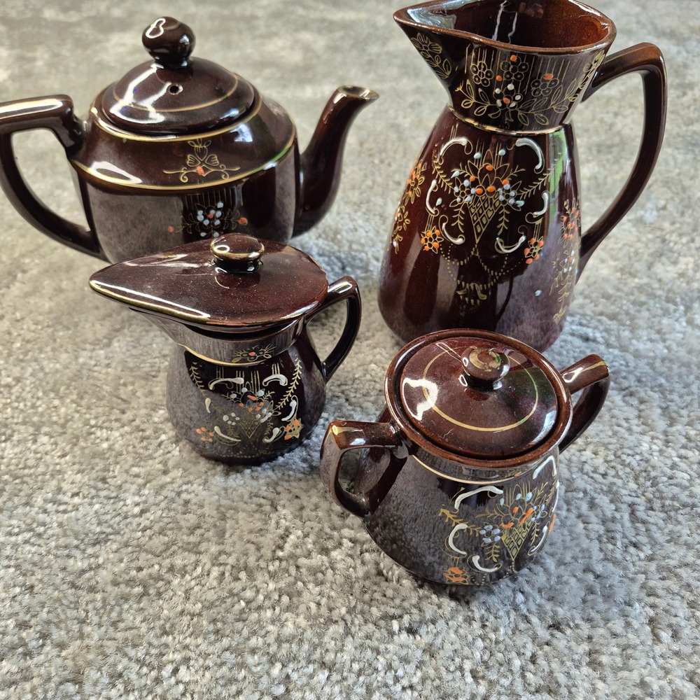 Vintage Japanese Brown Glazed Tea Set Floral Moriage Teapot Pitcher 4pc Set